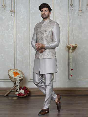 Silver Grey Embroidered Nehru Jacket Set with Foil Work