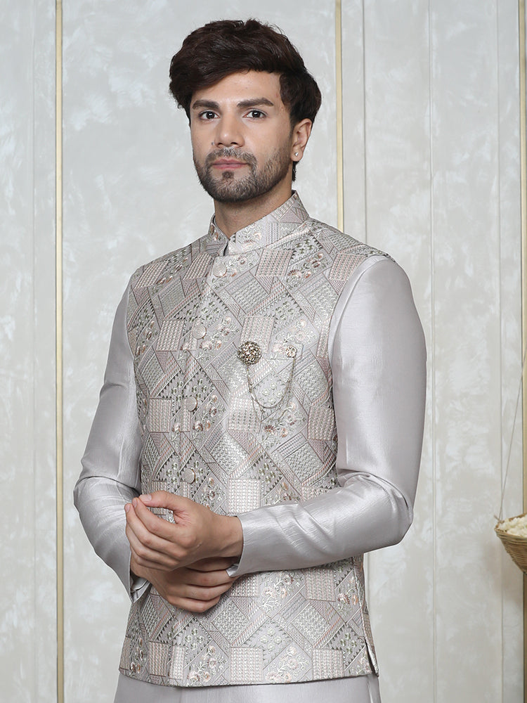 Silver Grey Embroidered Nehru Jacket Set with Foil Work