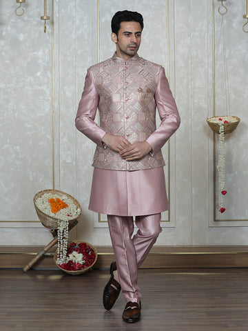 Onion Pink Embroidered Nehru Jacket Set with Foil Work