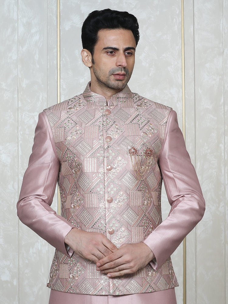 Onion Pink Embroidered Nehru Jacket Set with Foil Work