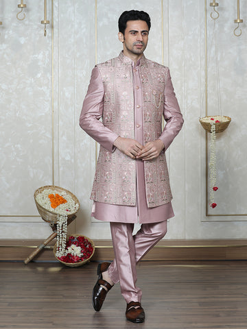 Onion Pink Silk Embroidered Long Jacket Set