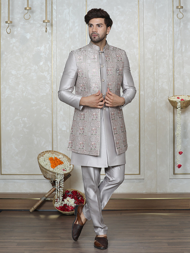 Natural Grey Silk Embroidered Long Jacket Set