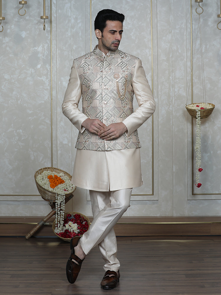 Fawn Embroidered Nehru Jacket Set with Foil Work