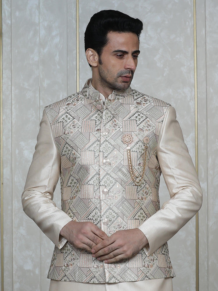 Fawn Embroidered Nehru Jacket Set with Foil Work