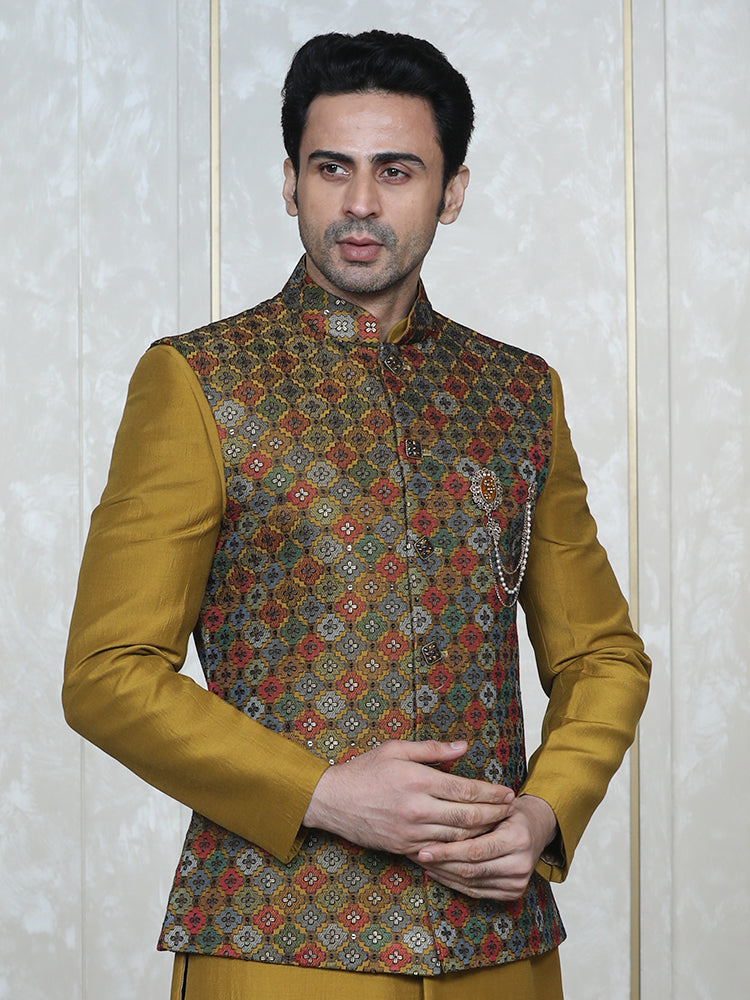 Haldi Embroidered  Nehru Jacket Set