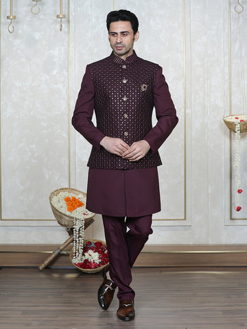 Wine Embroidered Nehru Jacket Set