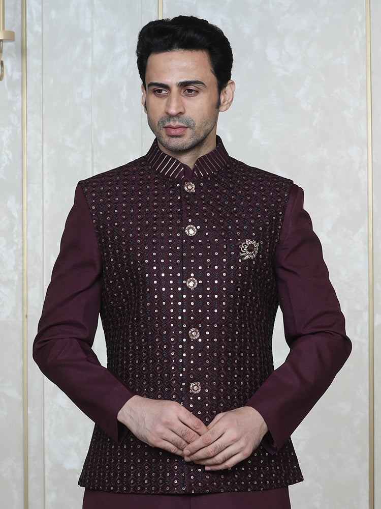 Wine Embroidered Nehru Jacket Set