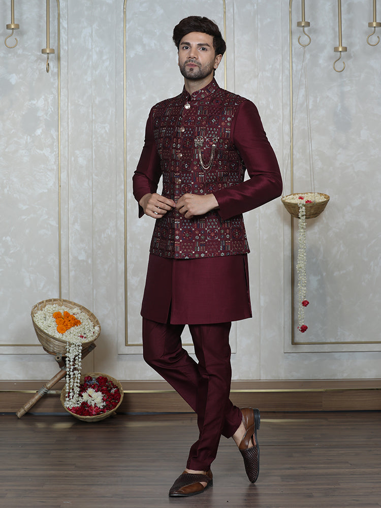 Mehroon Embroidered Nehru Jacket Set