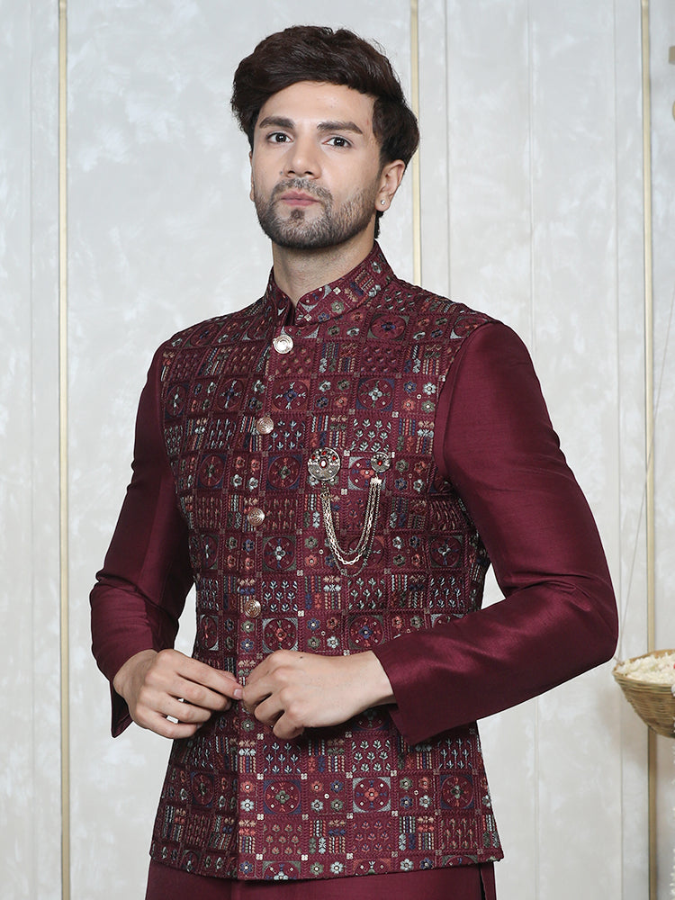 Mehroon Embroidered Nehru Jacket Set