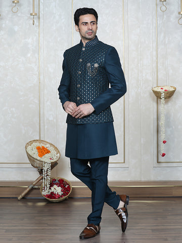 Teal Green Embroidered  Nehru Jacket Set