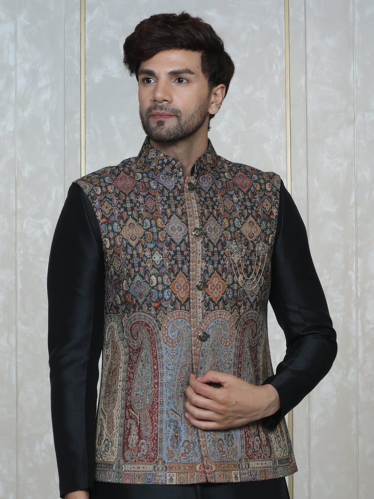 Black Pashmina Nehru Jacket Set