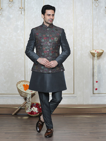 Dark Grey Embroidered  Nehru Jacket Set