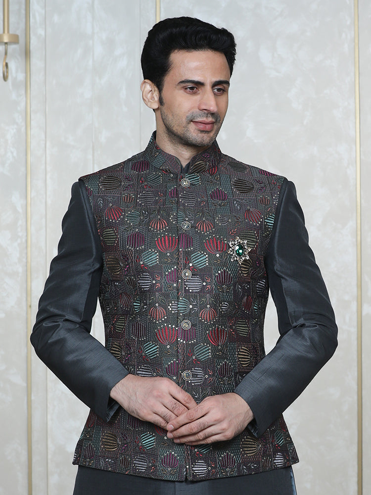 Dark Grey Embroidered  Nehru Jacket Set