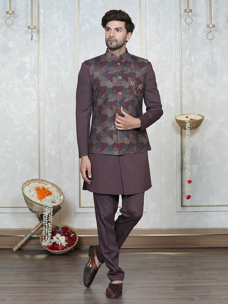 Mauve Embroidered Nehru Jacket Set