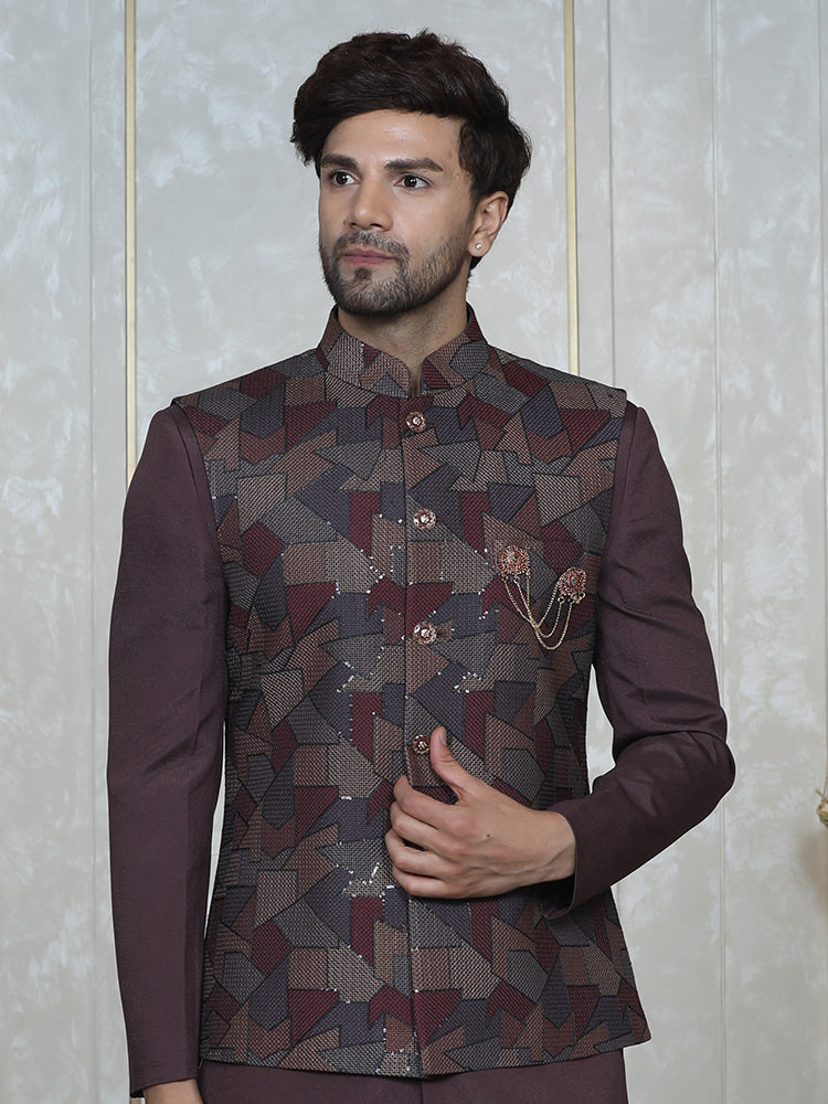 Mauve Embroidered Nehru Jacket Set