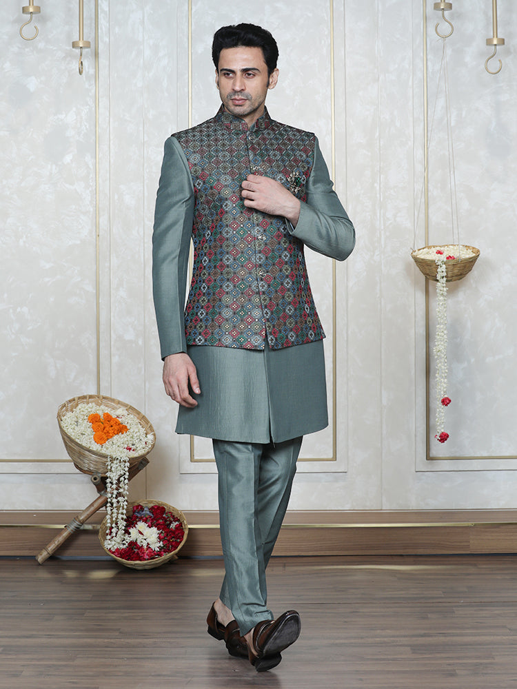 Green Embroidered  Nehru Jacket Set