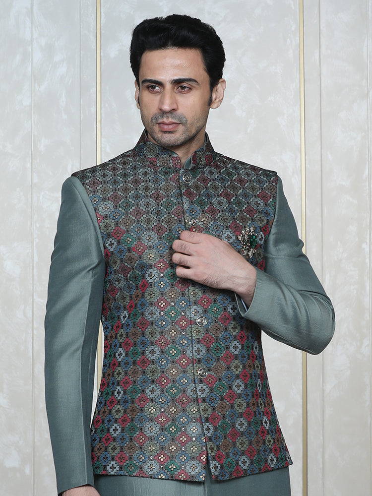 Green Embroidered  Nehru Jacket Set