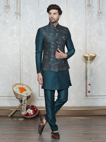 Rama Green Embroidered  Nehru Jacket Set