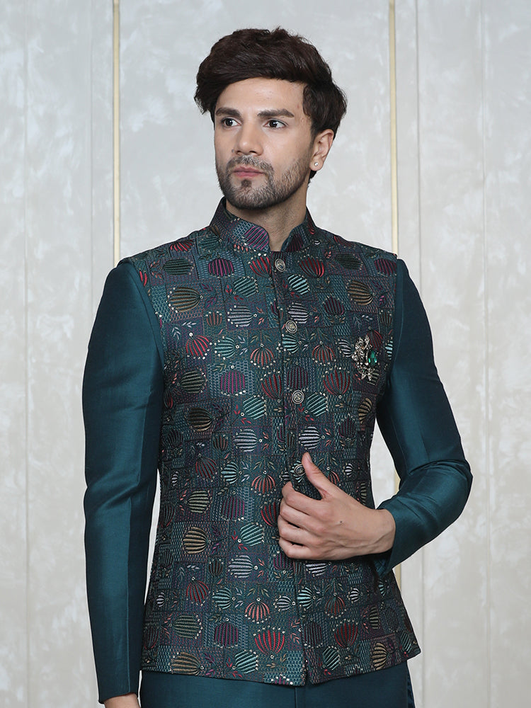 Rama Green Embroidered  Nehru Jacket Set