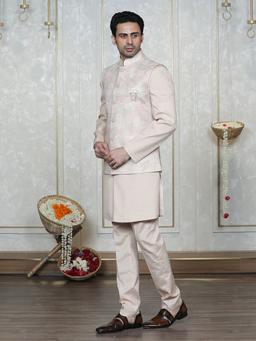 Fawn Embroidered Nehru Jacket Set