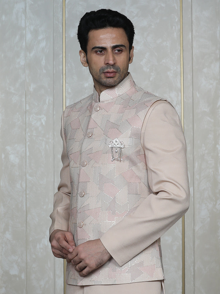 Fawn Embroidered Nehru Jacket Set