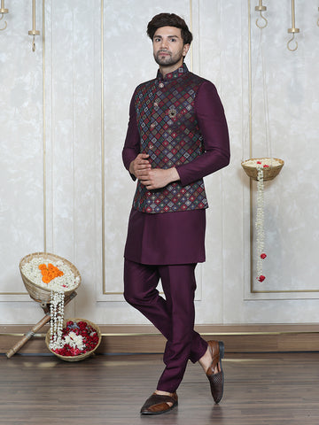 Wine Embroidered  Nehru Jacket Set