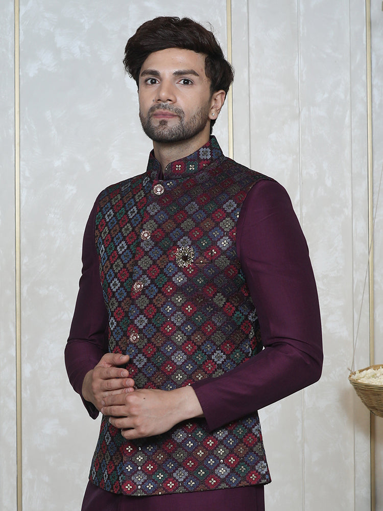 Wine Embroidered  Nehru Jacket Set