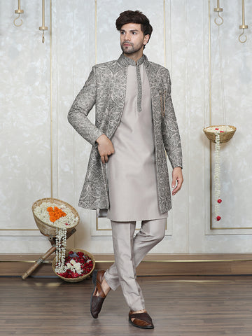 Fawn Embroidered Front Open Sherwani with Kurta Set