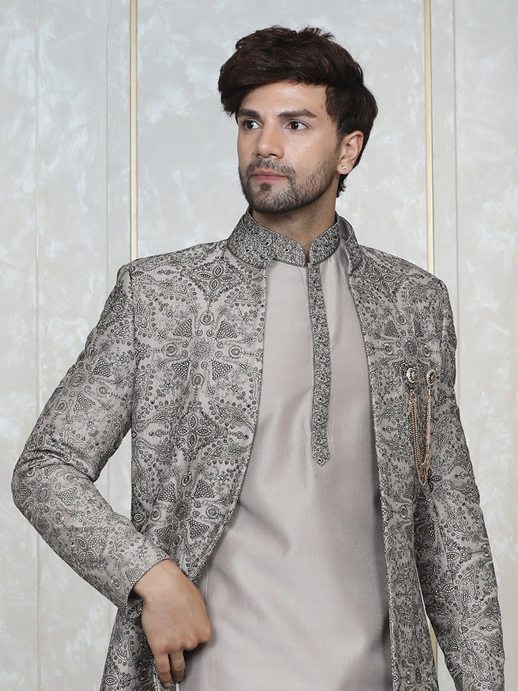 Fawn Embroidered Front Open Sherwani with Kurta Set