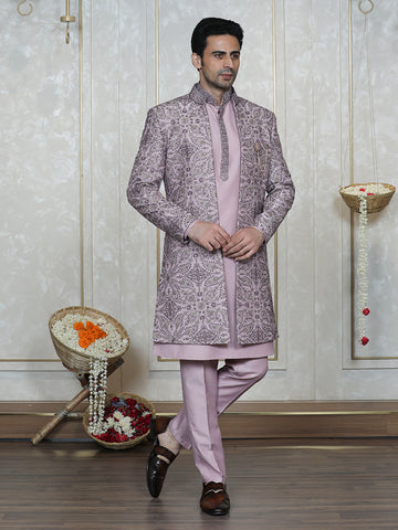 Onion Pink Embroidered Front Open Sherwani with Kurta Set