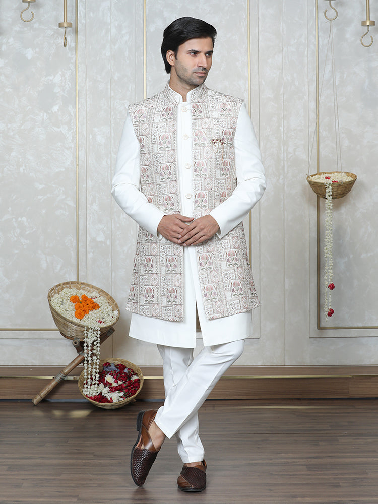 Cream Silk Embroidered Long Jacket Set