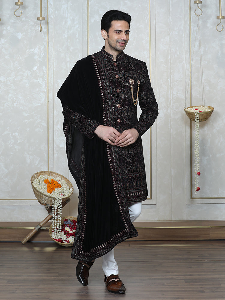 Wine Velvet Embroidered Sherwani Set with Dupatta