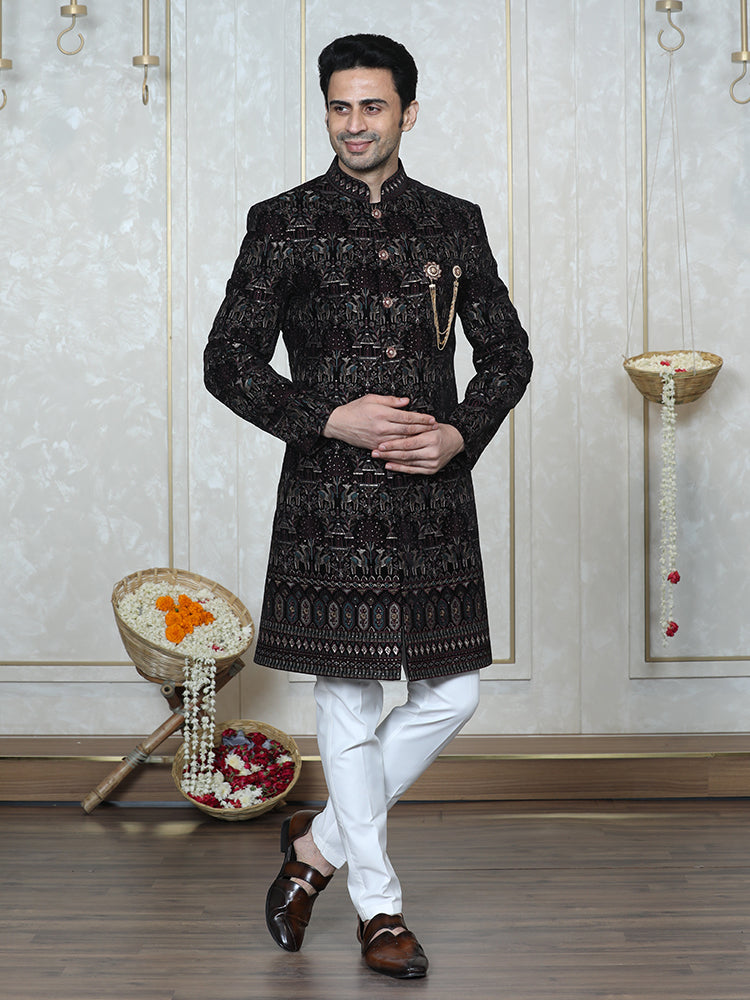 Wine Velvet Embroidered Sherwani Set with Dupatta