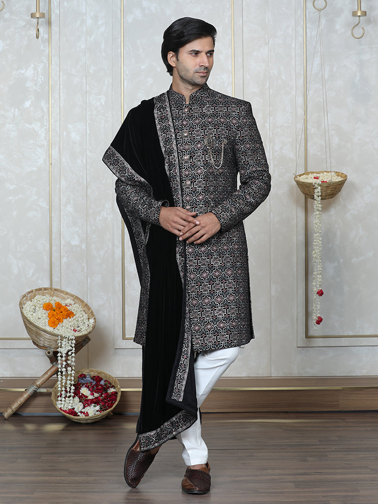 Black Velvet Embroidered Sherwani Set with Dupatta