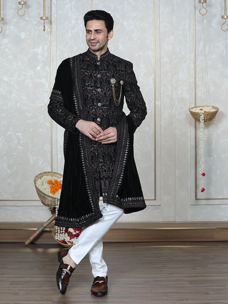 Blue Velvet Embroidered Sherwani Set with Dupatta