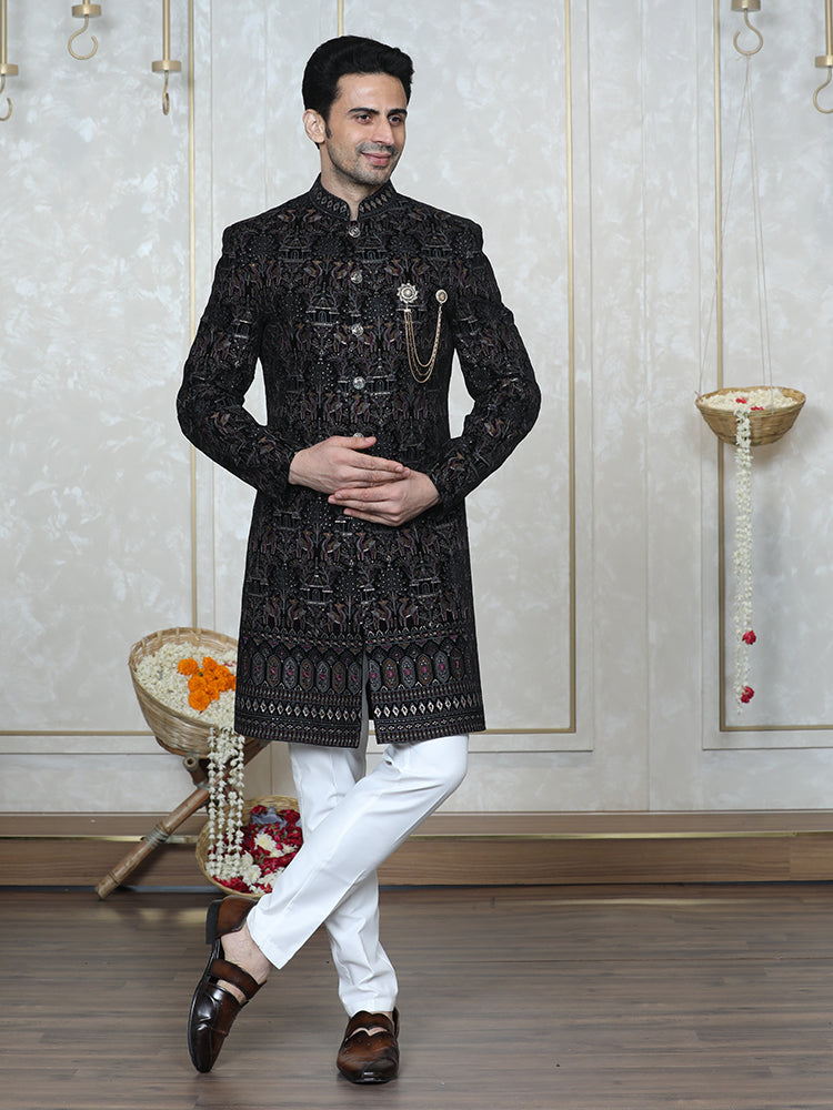 Blue Velvet Embroidered Sherwani Set with Dupatta