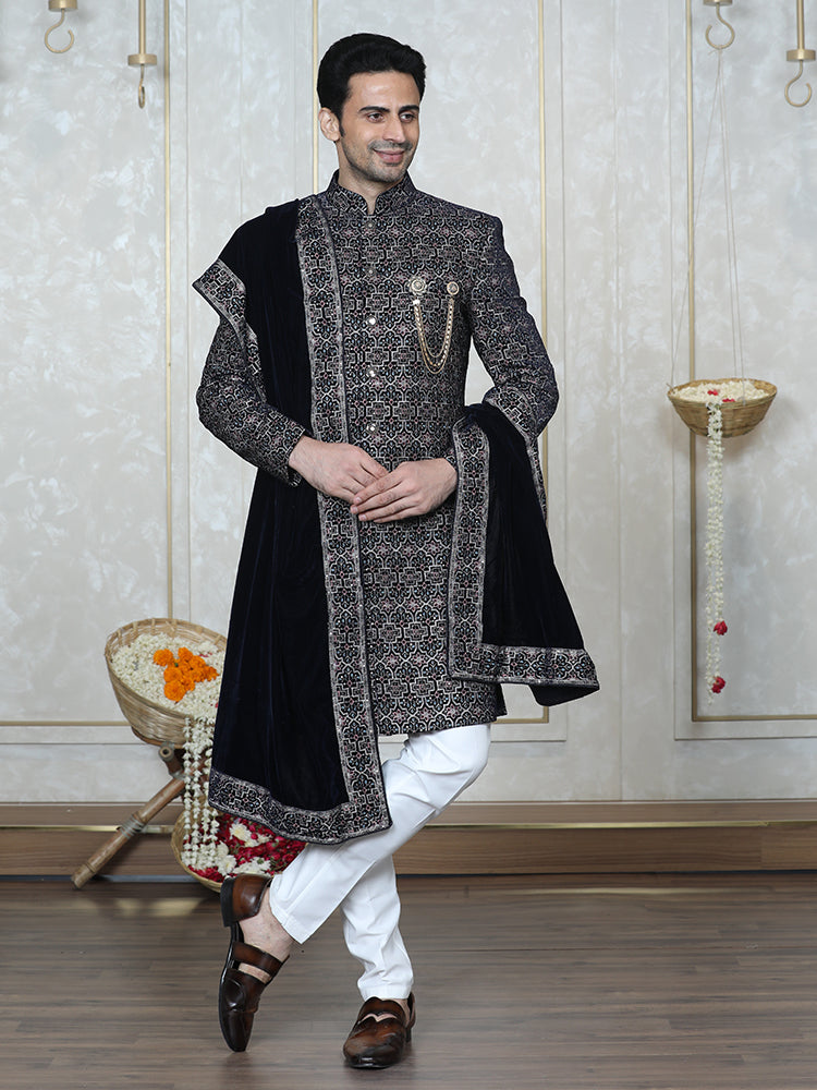 Navy Blue Velvet Embroidered Sherwani Set with Dupatta