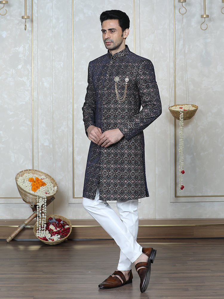 Navy Blue Velvet Embroidered Sherwani Set with Dupatta