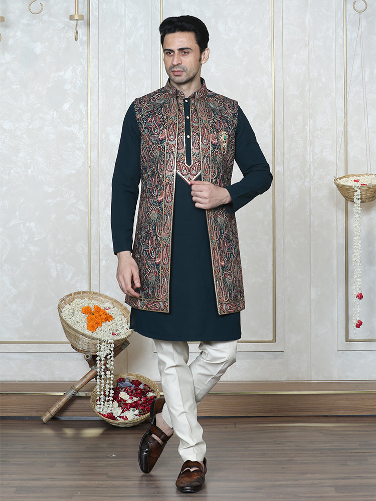 Rama Green Embroidered Long Jacket with Kurta Set