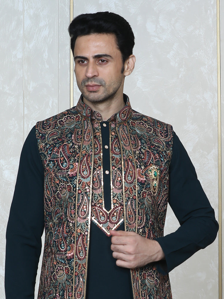 Rama Green Embroidered Long Jacket with Kurta Set