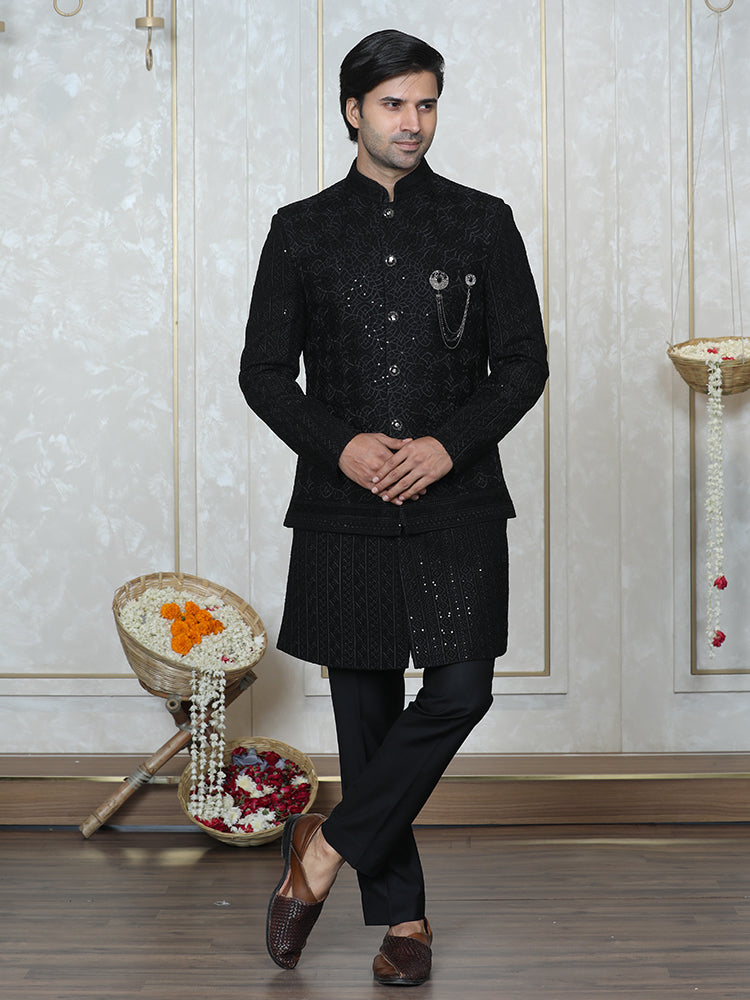 Black Tone-on-Tone Embroidered Nehru Jacket Set