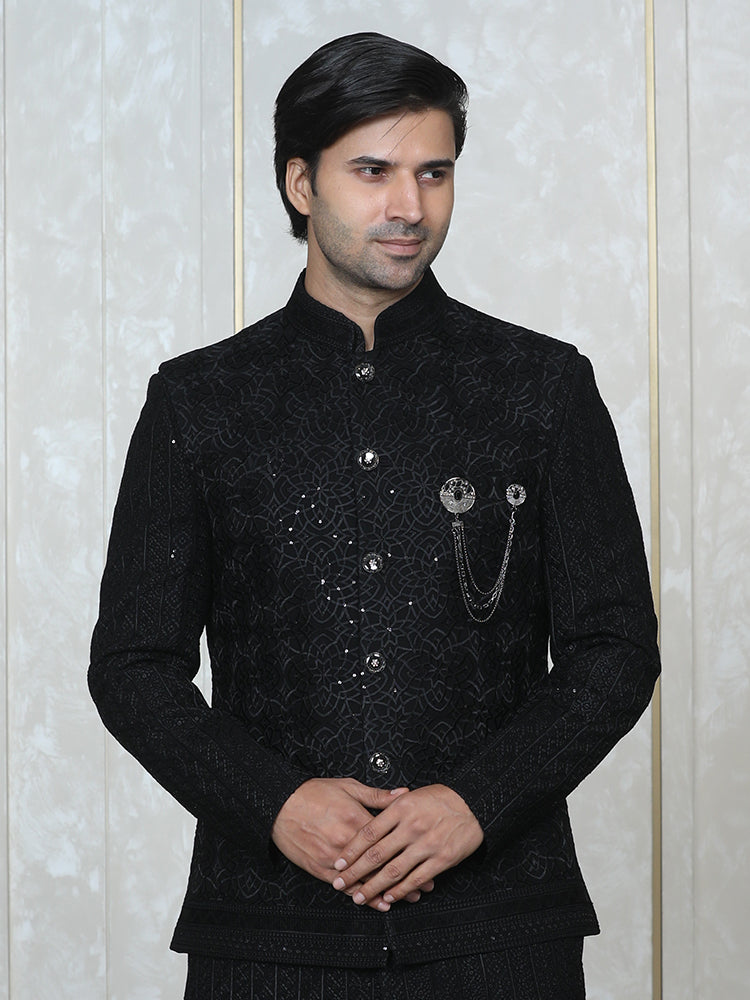 Black Tone-on-Tone Embroidered Nehru Jacket Set