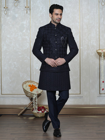 Navy Blue Tone-on-Tone Embroidered Nehru Jacket Set