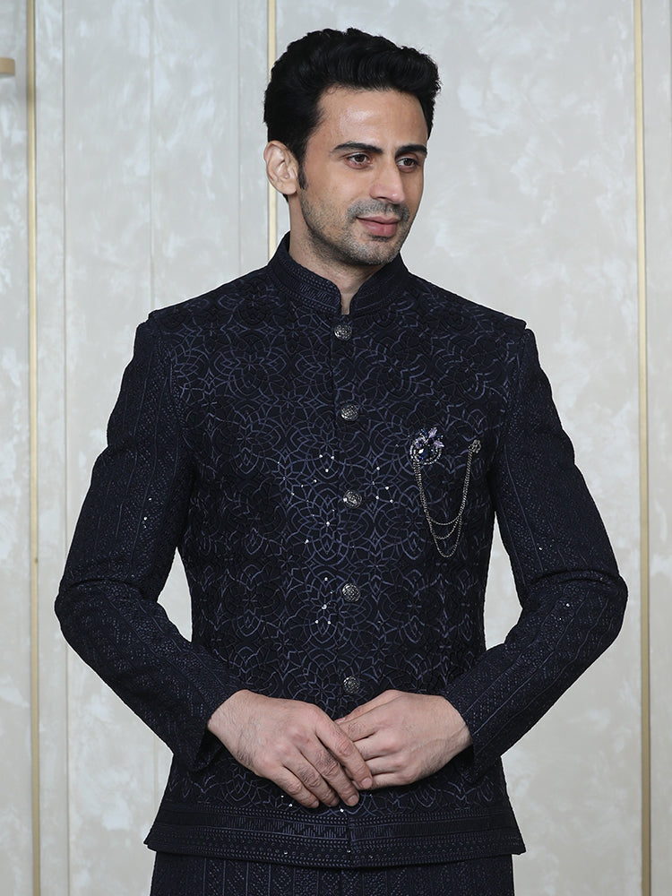 Navy Blue Tone-on-Tone Embroidered Nehru Jacket Set