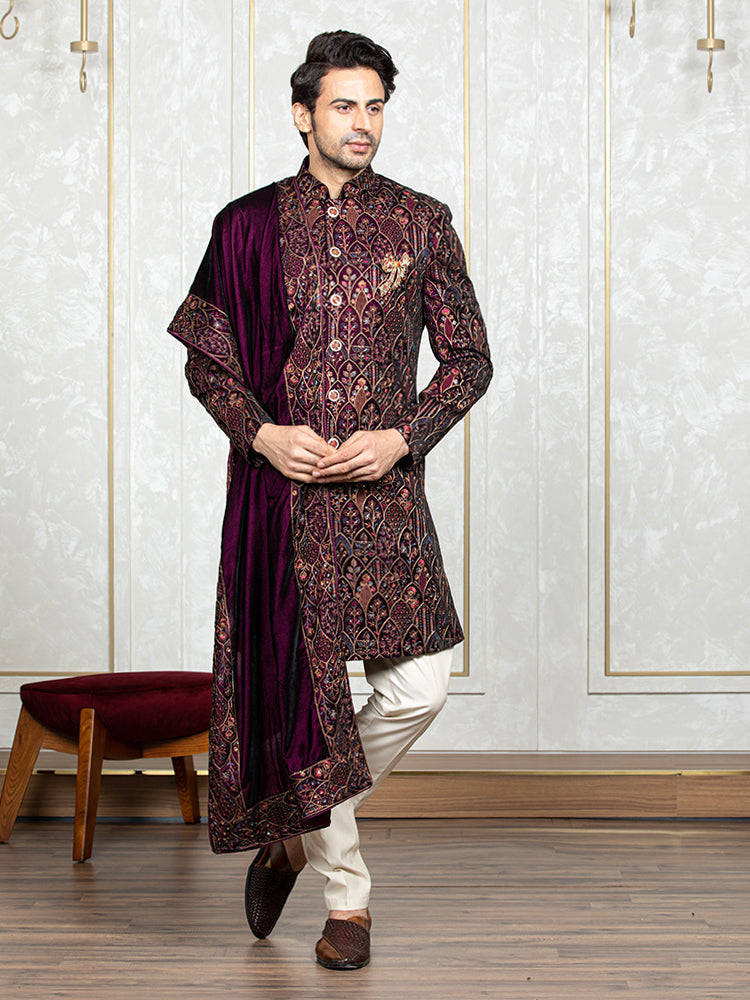 Wine Velvet Embroidered Sherwani Set with Dupatta