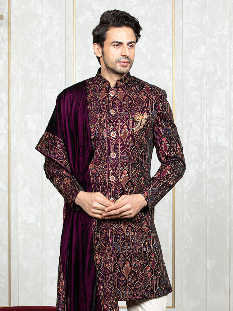 Wine Velvet Embroidered Sherwani Set with Dupatta