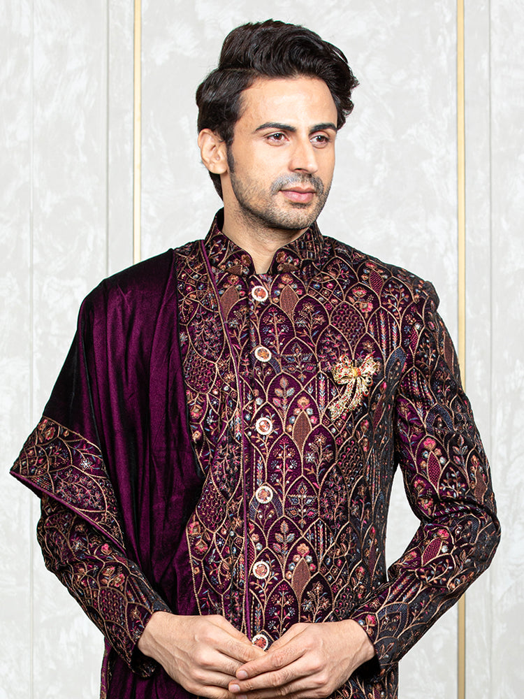 Wine Velvet Embroidered Sherwani Set with Dupatta