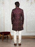 Wine Velvet Embroidered Sherwani Set with Dupatta