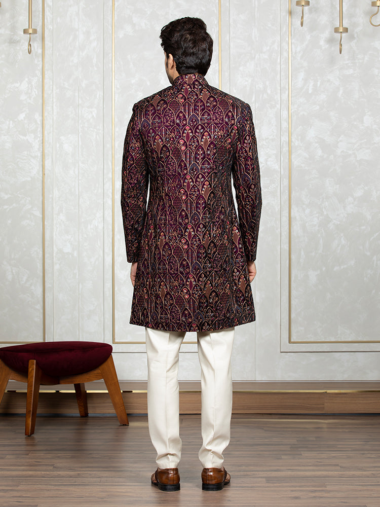 Wine Velvet Embroidered Sherwani Set with Dupatta