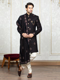 Navy Blue Velvet Embroidered Sherwani Set with Dupatta